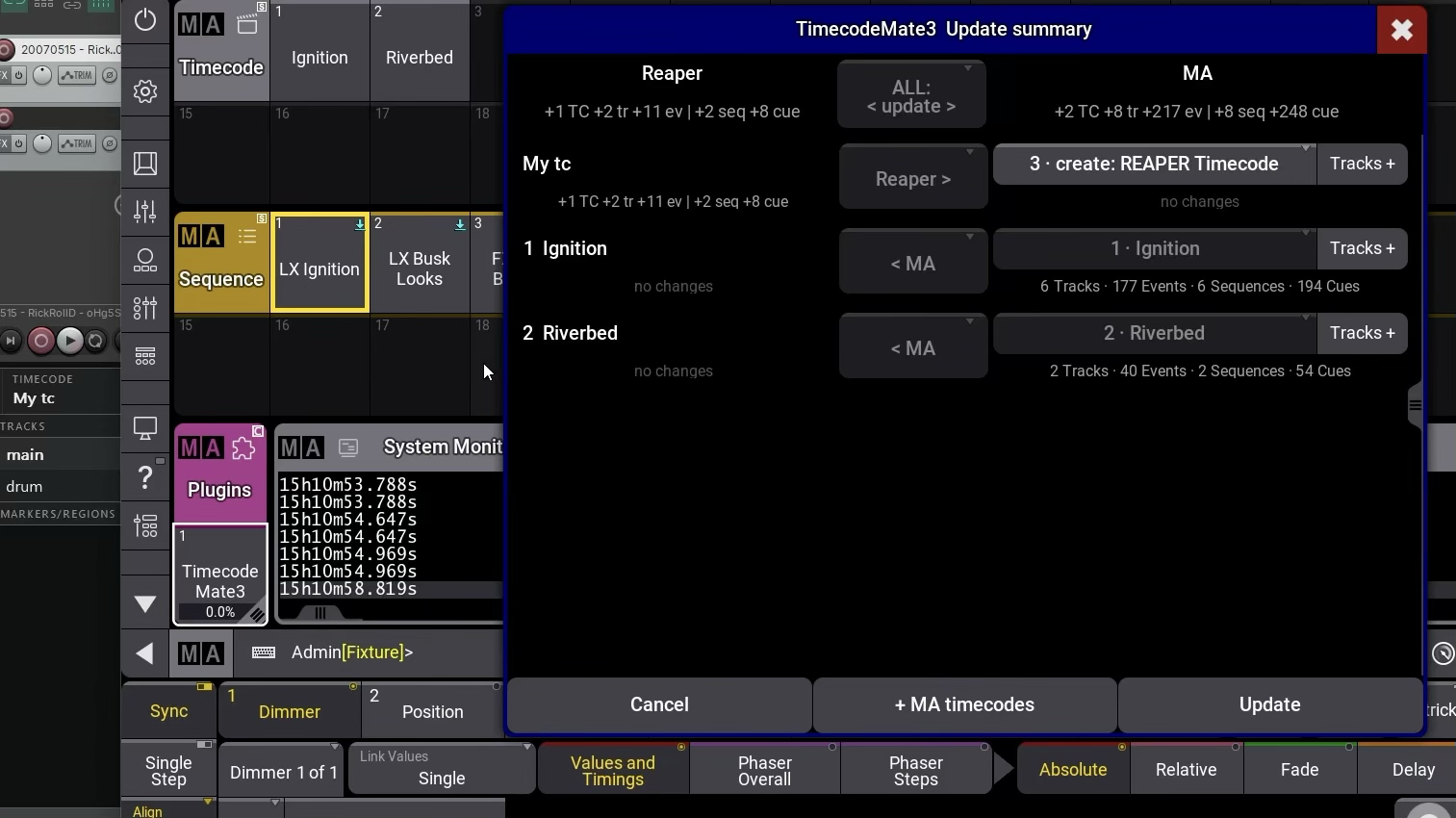 The actual grandMA3 Update Summary with REAPER and MA directions, the MA timecodes button, and Update