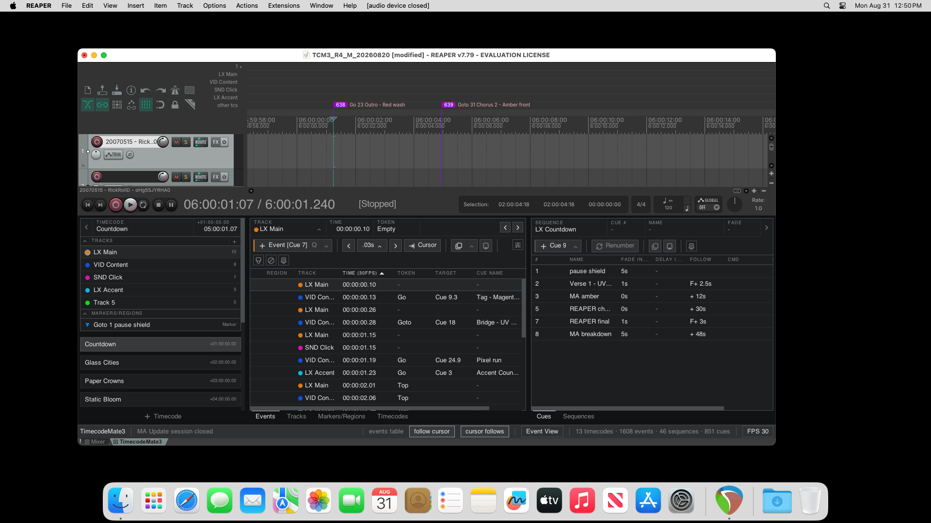 TimecodeMate3 on macOS, showing Events and Cues beside the REAPER timeline