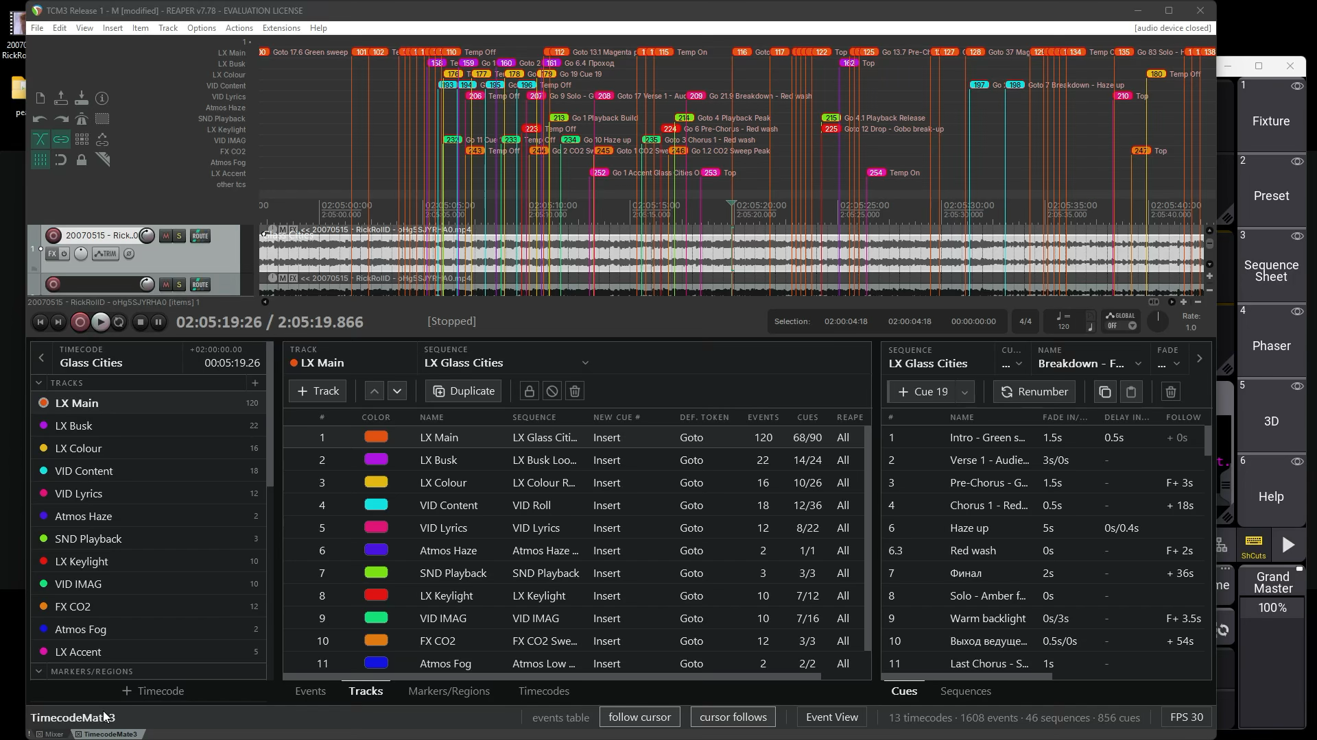 TimecodeMate3 in REAPER on Windows, with timeline Events, Tracks, and Cues